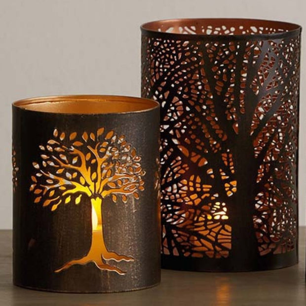 Copper-plated Iron Lantern with Tree of Life cutout lifestyle