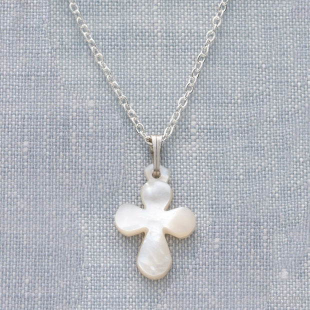 Mini Mother of Pearl Cross Necklace styled