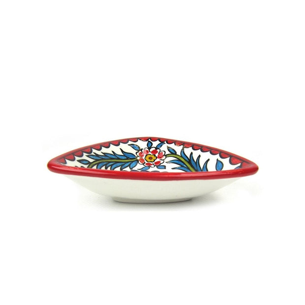 Hand-painted Red West Bank Triangle Dish side view