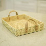 Rectangle Palm Leaf Basket Tray with Leather Handles
