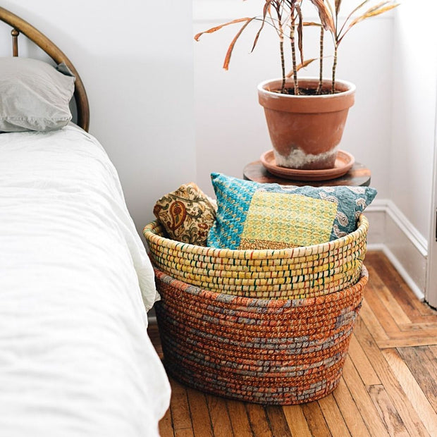 Recycled Sari and Kaisa Grass Laundry Basket lifestyle