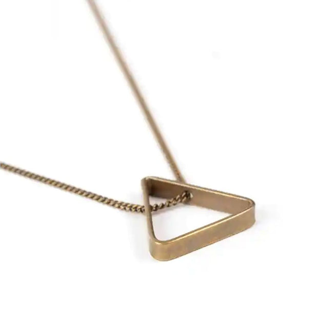 Open Mind Sliding Brass Triangle Pendant Necklace detail
