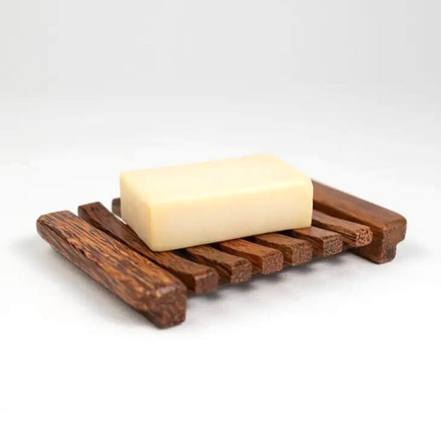 Coconut Wood Soap Dish shown with a soap bar