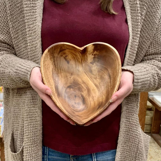 Acacia Wood Hand Carved Heart Shaped Bowl held by model