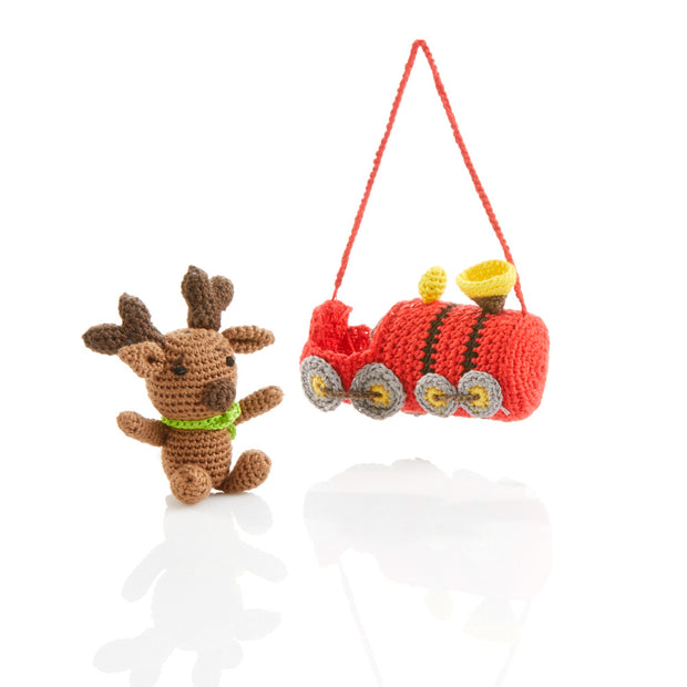 Conductor Moose Crocheted Ornament separated