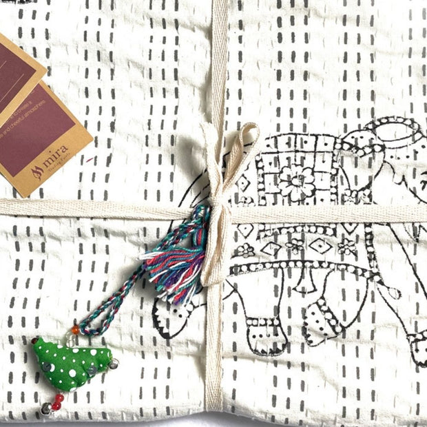 Block Printed Kantha Baby Quilt - Elephant detail
