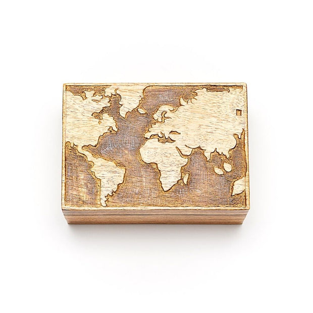 Hand-carved Mango Wood World Map Jewelry Box detailed view