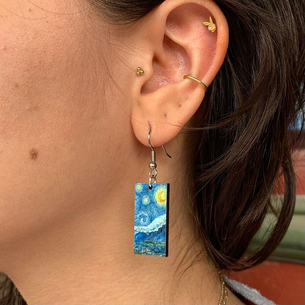 Laser Cut Art Image - Van Gogh's Starry Night Dangle Earrings on model