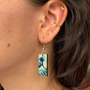 Laser Cut Art Image - Kanakawa's The Great Wave Dangle Earrings on model