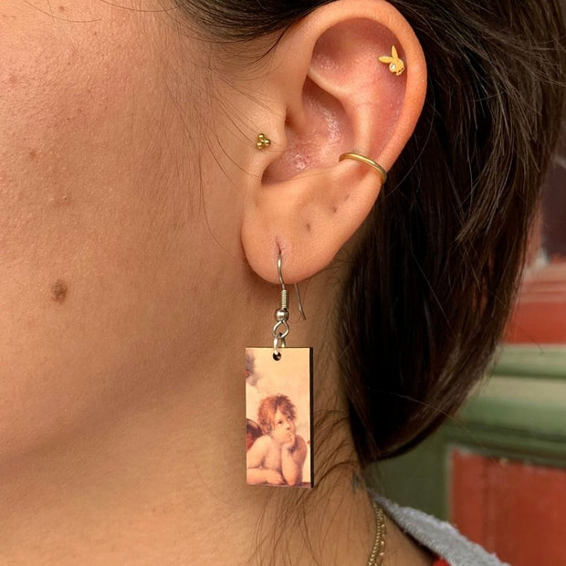 Art Image - Raphael Sistine Madonna Cherubs Dangle Earrings on model