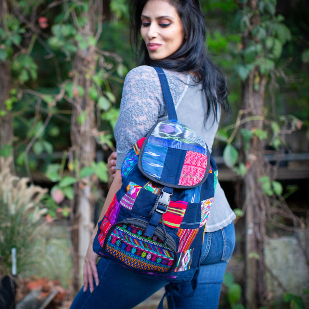 Upcycled Vintage Textiles Patch Backpack on model