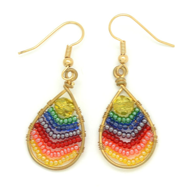 Beaded Teardrop Wire Earrings - Rainbow