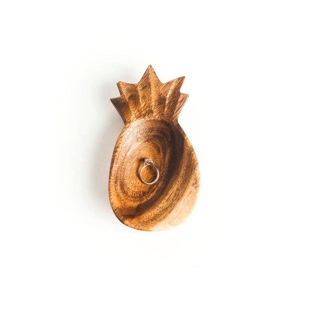 Little Acacia Wood Pineapple Dish with a wedding ring in it
