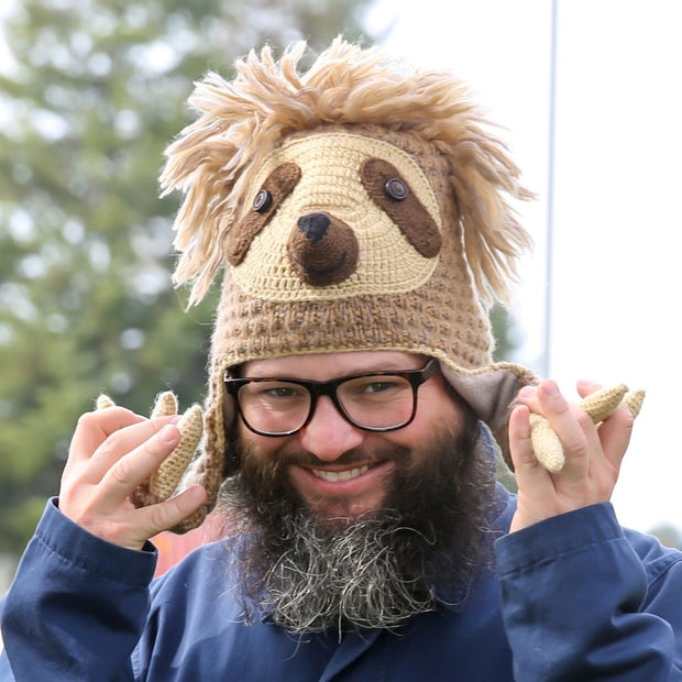 Adult Hand-knit Animal Face Hat - Sloth on male model