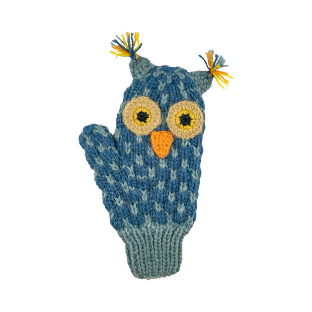 Kids Hand-knit Grey Owl Mittens