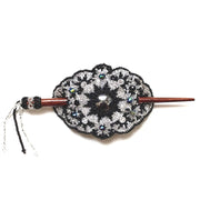 Beaded Stick Barrette with Large Crystal Bead in center - black and silver