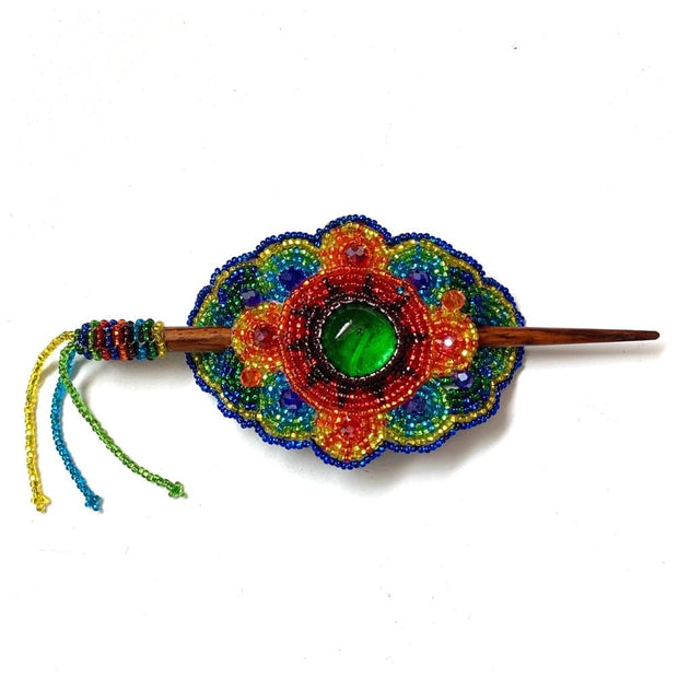 Beaded Stick Barrette with Large Crystal Bead in center - rainbow