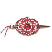 Beaded Stick Barrette with Large Crystal Bead in center - red and white