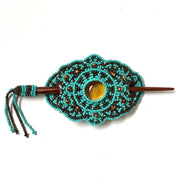 Beaded Stick Barrette with Large Crystal Bead in center - turquoise