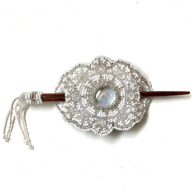 Beaded Stick Barrette with Large Crystal Bead in center - white