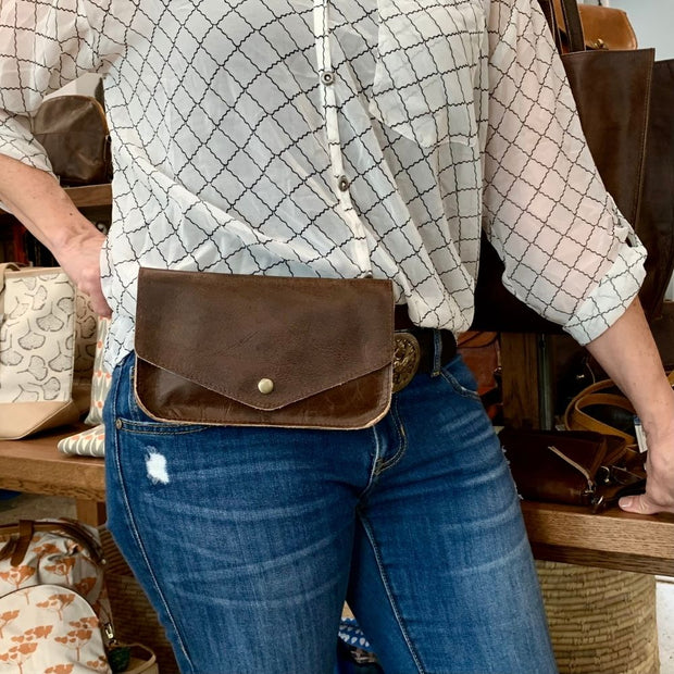 Belt Bag in Brown Leather on model around waist