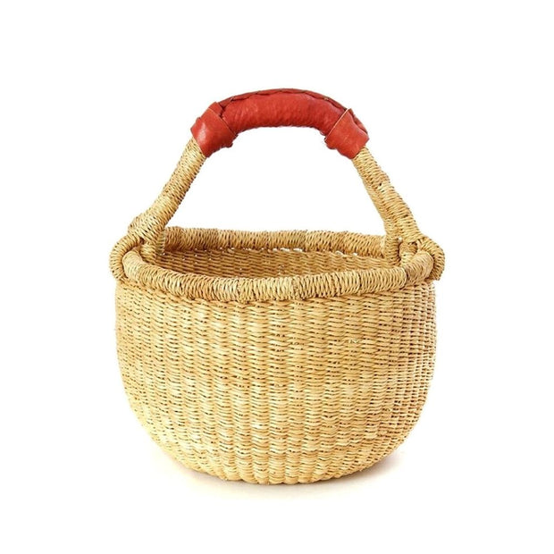 Bolga Mini Round Natural Basket with Single Leather Handle