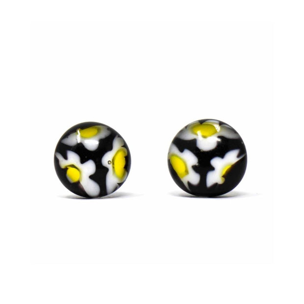 Round Glass Stud Earrings - Black White & Yellow Flowers