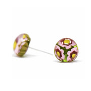 Round Glass Stud Earrings - Pink & Yellow Flowers