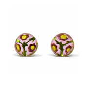 Round Glass Stud Earrings - Pink & Yellow Flowers