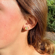 Round Glass Stud Earrings - Pink & Yellow Flowers model