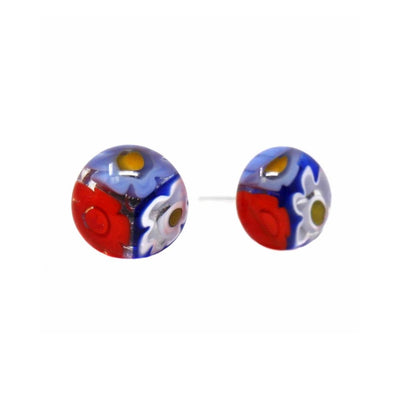 Round Glass Stud Earrings - Red & Blue Flowers