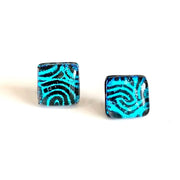 Square Glass Stud Earrings - Aqua Swirls