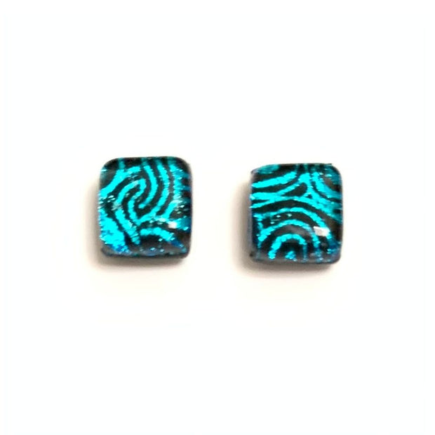 Square Glass Stud Earrings - Aqua Swirls