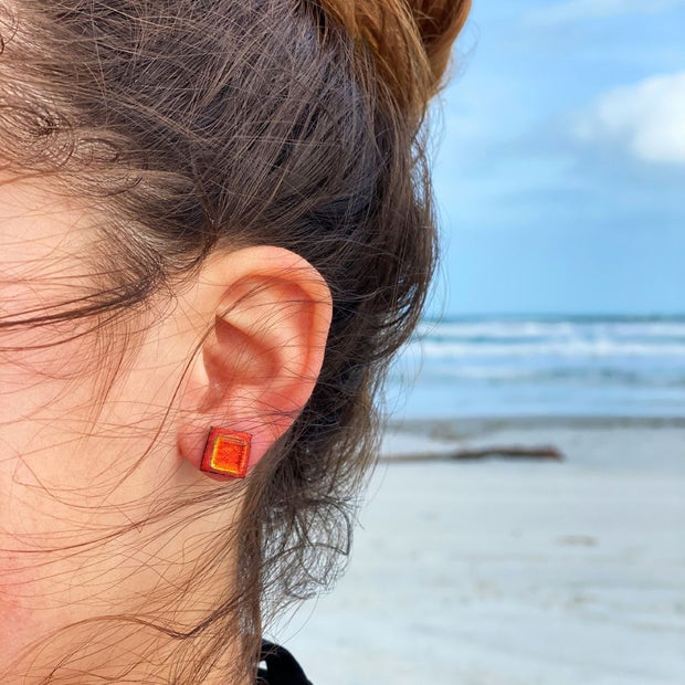 Square Glass Stud Earrings - Orange Crush model