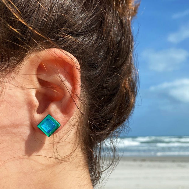 Square Glass Stud Earrings - Turquoise model