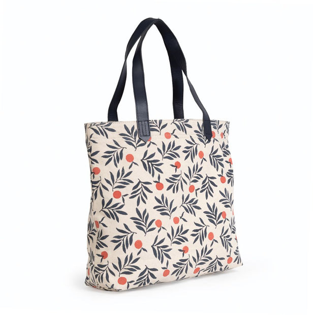 Canvas Tote with Leather Handles - Berry Print side view