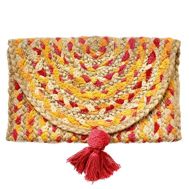 Jute and Recycled Fabric Braided Clutch - Punch front