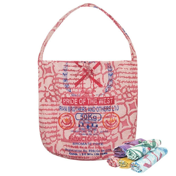 Recycled Flour Sack Batiked Roll-Up Shopper Tote Red