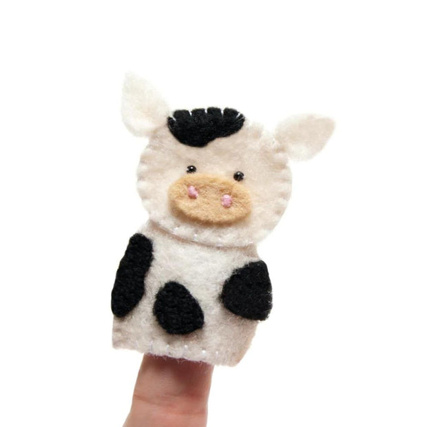 Felt Barnyard Puppet Bag showing cow finger puppet
