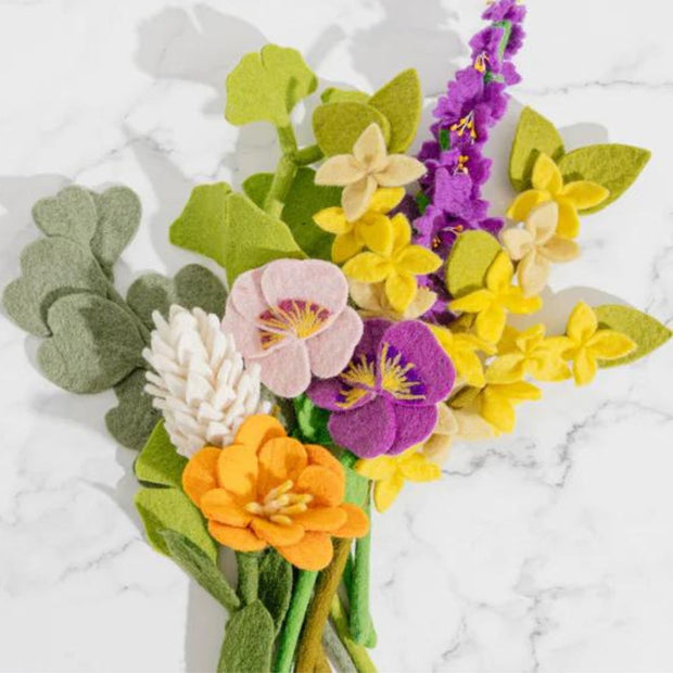 Felt Forsythia Flower Stem in a bouquet with pansies and ginkgo stems