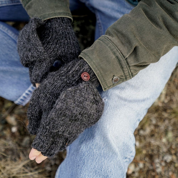 Fingerless Glove with Mitten Pullover - Black on model