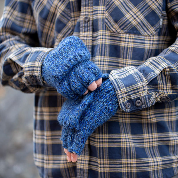 Fingerless Glove with Mitten Pullover - Cobalt on model