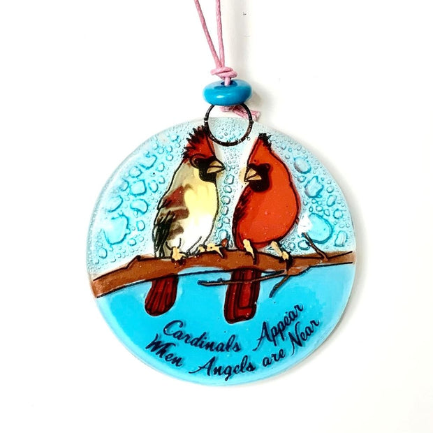 Fused Glass Round Ornament - Cardinals