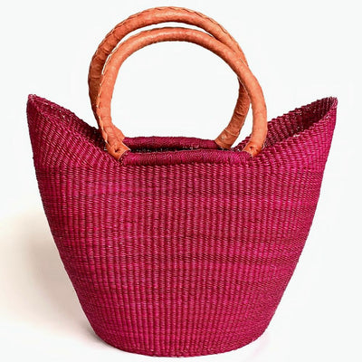 Large Shopping Tote Basket with Leather Handles - Solid Magenta