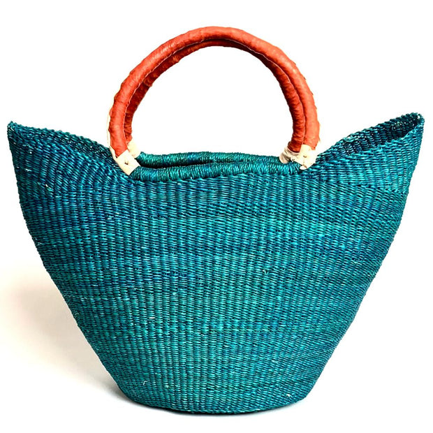 Large Shopping Tote Basket with Leather Handles solid teal