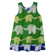 Global Mamas Girls Reversible Dress - Elephants in Blue and Lime
