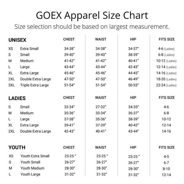 GOEX Apparel Size and Fit Chart