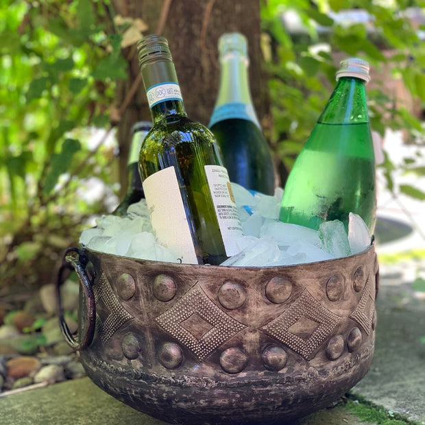 Hammered Recycled Metal Bowl with Round Handles with ice and cold drinks