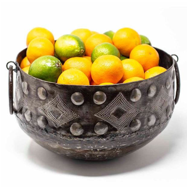 Hammered Recycled Metal Bowl with Round Handles with limes