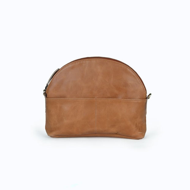 Small Half-Moon Camel Leather Crossbody Bag front